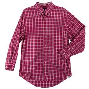 Lands' End Men's Long Sleeve Shirt Button-Down Pink White Tartan 16 32/33 Pocket